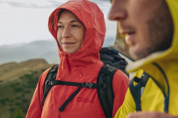 Close-up of a couple in waterproof hiking apparel